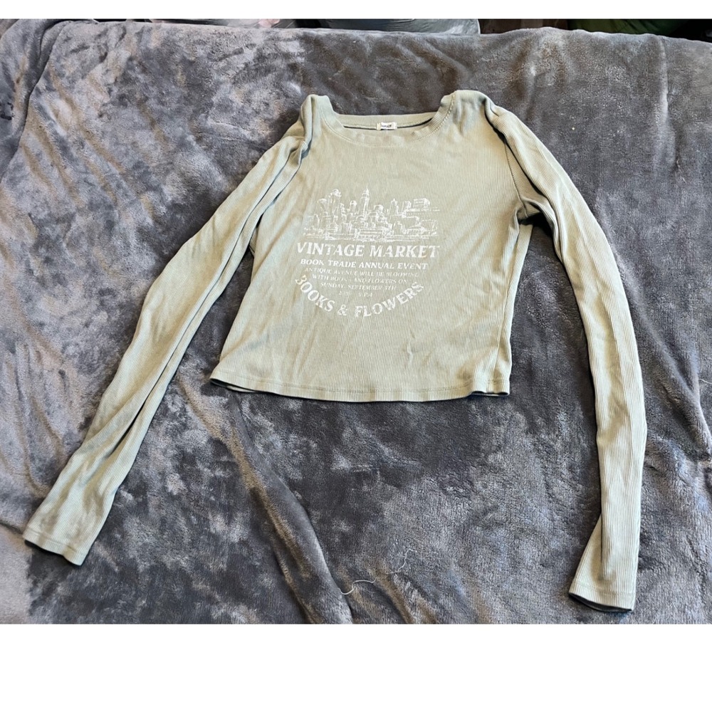 Garage Sage Green Ribbed Graphic Crop Top Long Sleeve Vintage Market Medium